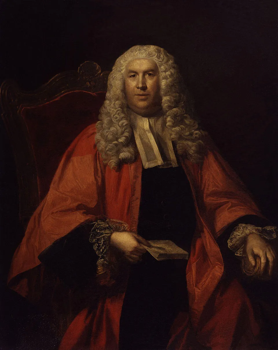 Portrait of Sir William Blackstone in scarlet judicial robes, holding a paper. National Portrait Gallery; public domain.